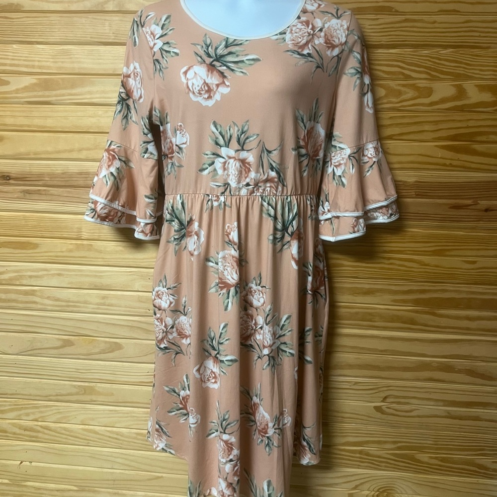 Reborn J Pink Tan Ruffled Tiered Midi Sundress